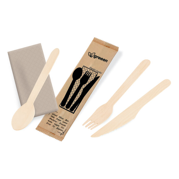 Besteckset (Messer-Gabel-Löffel+Serviette), FSC Holz